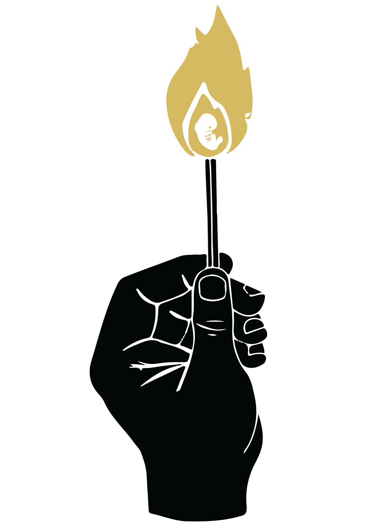 illustration of a hand holding a flame with a depiction of a womb and fetus inside