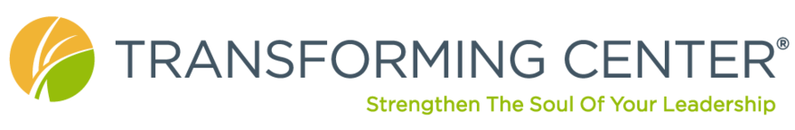 Transforming Center logo — the mark consists of sea grass reversed out of an orange and green circle. The logo text is blue in a bold sans-serif font. The tagline, in a green sans-serif, reads "Strengthen the Soul of Your Leadership".