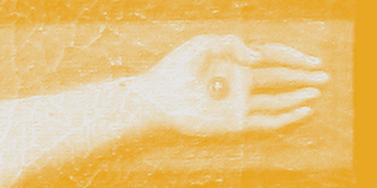 painting of crucifixion, close up of hand. Yellow overlay over image.